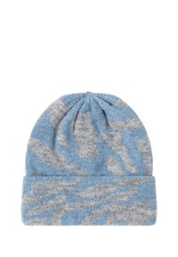 Berretto lavorato a maglia blu e grigio con un motivo astratto e texture. Presenta un risvolto e un materiale morbido e flessibile. Design con parte superiore arrotondata.