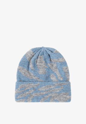 Bonnet en tricot bleu et gris avec un motif texturé et abstrait. Dispose d'un revers replié et d'un matériau doux et flexible. Design à sommet arrondi.