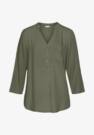Oliivinvihreä, pitkähihainen paita, jossa on V-aukko, kolmen napin listat, rintatasku ja löysä, rento istuvuus.