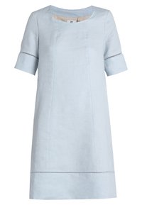 Ljusblå linnklänning med rund halsringning och korta ärmar. Har dekorativ sömnad på ärmsluten och nederkanten.