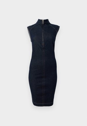 Denim dress in dark blue with a high collar and a front zipper. Fitted design with visible orange stitching along seams. Smooth texture.