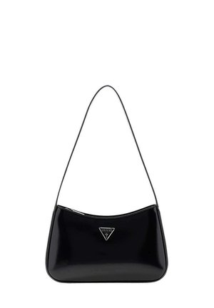 Sac à épaule en cuir verni noir avec un logo triangulaire Guess sur le devant et une sangle fine.