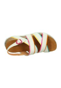 White sandal with colorful strap accents in pink, orange, and blue; cork footbed; adjustable buckle; rubber outsole; open toe design.