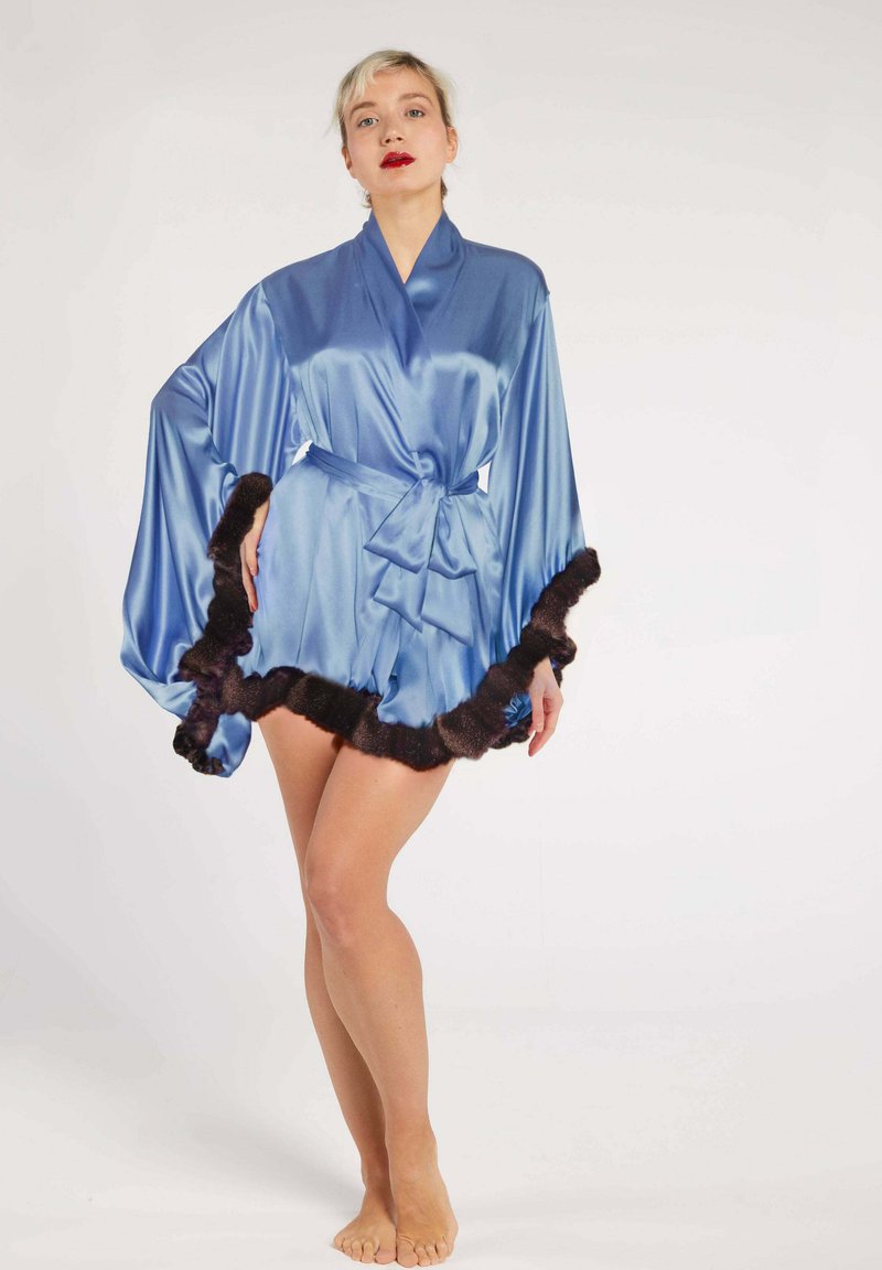Satin blue robe with long sleeves, belted at the waist, features a black fur trim along the cuffs and hem. Smooth texture, mid-thigh length.
