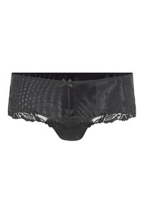 Culotte hipster en satin noir avec un bord en dentelle florale, ornée d'un petit nœud à l'avant et d'une finition en tissu lisse.