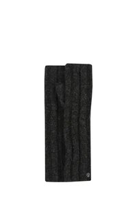 Bufanda de lana en gris oscuro con una textura acanalada, que presenta un pequeño logo en la parte inferior. Diseño de tela suave y cálida.