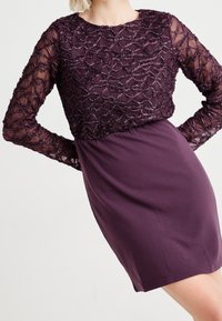 Lila klänning med en texturerad, pärlbeströdd meshöverdel och en åtsittande, slät kjol. Långa genomskinliga ärmar med ett scalloped-mönster.