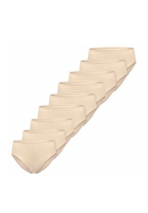 Eight beige cotton briefs arranged diagonally on a white background, showing front and side views.