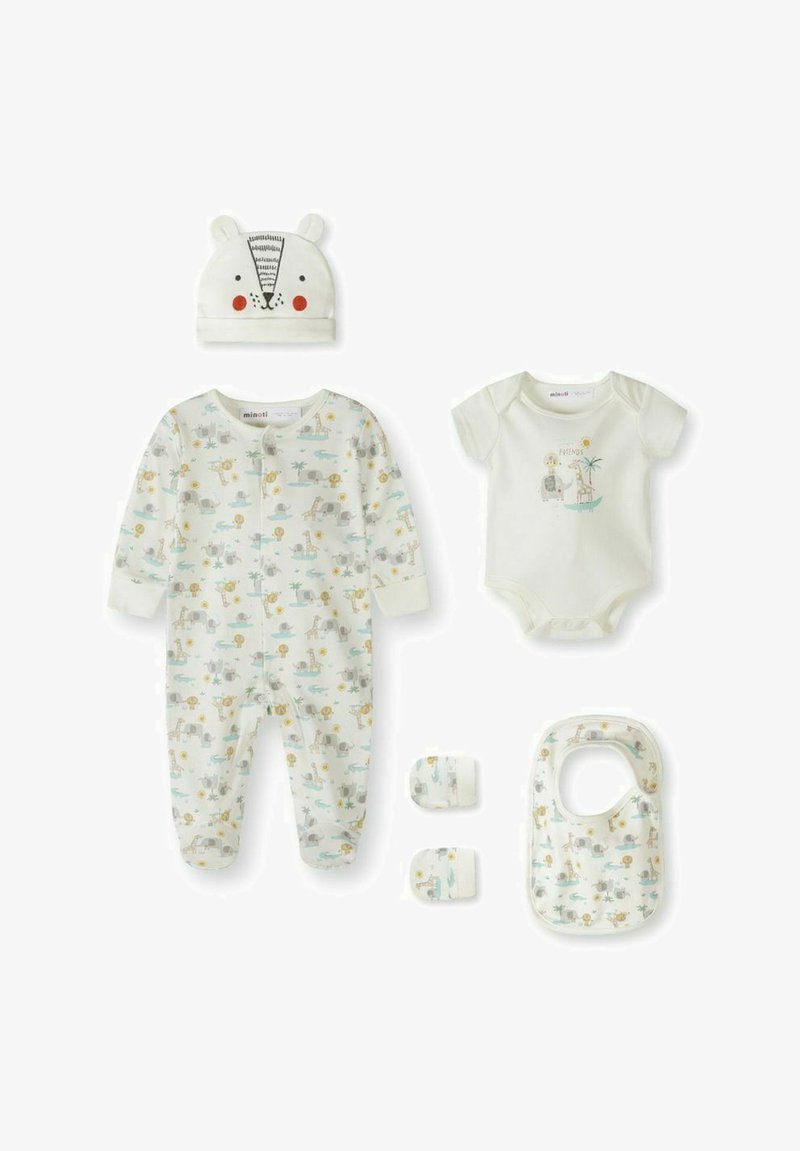 Bijeli komplet dječje odjeće s printom safari životinja, uključujući kapu s medvjeđim ušima, bodi s nogavicama, bodi kratkih rukava, rukavice i podbradak.