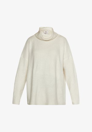 Sweter w kolorze kremowym o wysokim kołnierzu, wykonany z grubej dzianiny, charakteryzujący się luźnym krojem, opadającymi ramionami oraz ściągaczami na mankietach i u dołu.