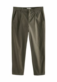 Olivengrüne Baumwollhosen mit lockerer Passform, seitlichen Taschen, einem frontalen Knopfverschluss und einer glatten Textur.