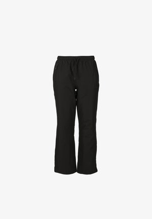 Schwarze, dehnbare Hose mit Kordelzugbund, zwei seitlichen Reißverschlusstaschen und einem lockeren Schnitt. Glatte Textur ohne sichtbare Muster.