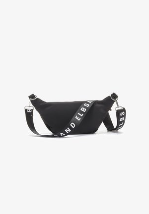 Schwarze Beuteltasche mit glatter Oberfläche, ausgestattet mit einem breiten Tragegurt mit "ELB" in weißen Buchstaben und silberner Hardware zur Anpassung.