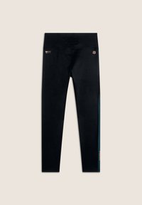 Leggings neri con un design aderente, caratterizzati da un pannello laterale color teal e un piccolo logo sulla vita. Realizzati in tessuto elasticizzato.