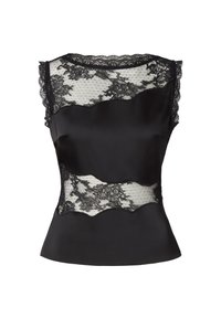 Top negru din satin cu paneluri din dantelă neagră transparentă, margini din dantelă cu design ondulat și finisaje din dantelă pe umeri. Siluetă mulată cu textură netedă.
