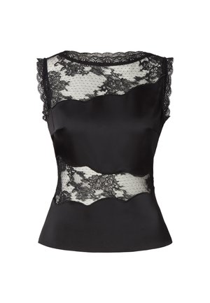 Fekete szatén felső áttetsző fekete csipkével, hullámos szélű és csipkés szegéllyel a vállakon. Formás szabás, sima textúrával.