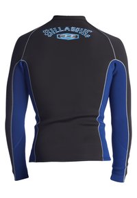 Long-sleeve wetsuit in black with blue side panels, featuring a blue logo on the back and contrasting white stitching throughout.