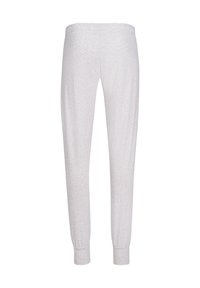 Lichtgrijze sweatpants gemaakt van zacht, rekbaar materiaal, met een taps toelopend ontwerp en elastische boorden bij de enkels.