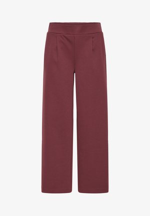 Pantaloni larghi bordeaux con cintura elastica, caratterizzati da pieghe frontali e una texture morbida e liscia. Senza tasche né cerniere.