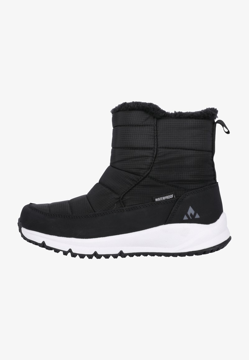 Svarta vattentäta ankelskor med quiltat mönster, utrustade med en fluffig krage, gummisula och en kontrasterande vit mellansula.