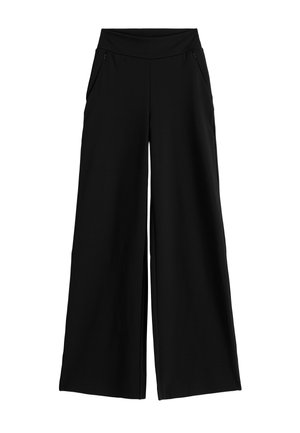 Sorte bukser med vide ben, høj talje og lynlåslommer i siden, vist fladt på hvid baggrund.