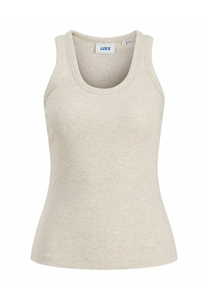 Débardeur beige côtelé sans manches avec encolure large, taille small, étiquette de la marque JJXX à l’intérieur du col.