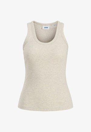 Débardeur beige côtelé sans manches avec encolure large, taille small, étiquette de la marque JJXX à l’intérieur du col.