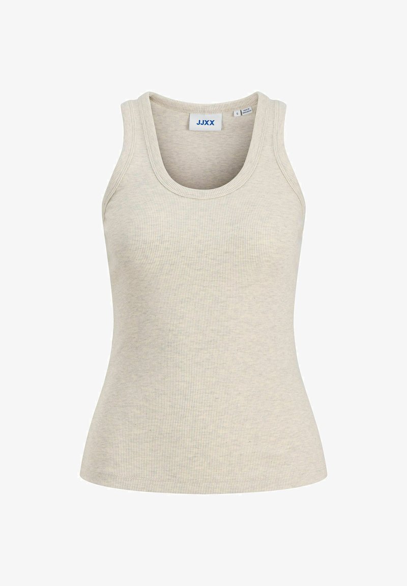 Μπεζ ριμπ αμάνικη μπλούζα με στρογγυλή λαιμόκοψη, μικρό μέγεθος, με ετικέτα μάρκας JJXX στο εσωτερικό του γιακά.