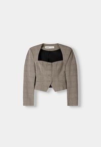 Rutigt beige kort jacka med långa ärmar, fyrkantig halsringning och detaljer med fyra knappar fram. Svart foder, strukturerad tyg.