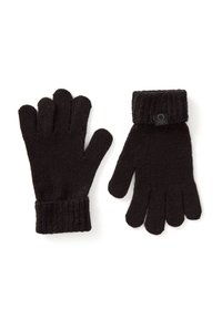 Guantes de lana negros con puños acanalados y cinco dedos. El tejido parece suave con una superficie texturizada. Presenta un pequeño emblema en el puño.