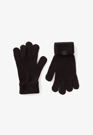 Zwarte gebreide handschoenen met geribbelde manchetten en vijf vingers. De stof lijkt zacht met een gestructureerd oppervlak. Bevat een klein embleem op de manchet.