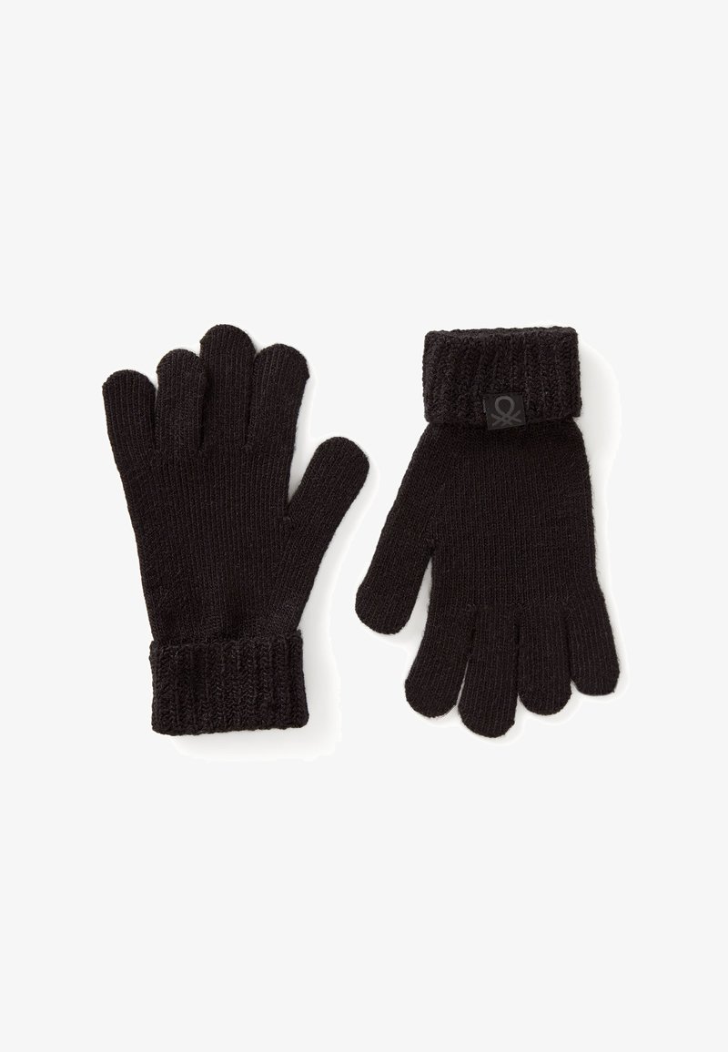 Guantes de lana negros con puños acanalados y cinco dedos. El tejido parece suave con una superficie texturizada. Presenta un pequeño emblema en el puño.