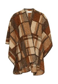 Poncho à carreaux brun et beige en tissu texturé, doté d'un ourlet arrondi et de détails de couture sur le bord. Étiquette de la marque visible au niveau du col.
