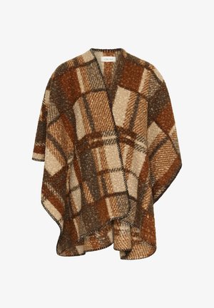 Poncho a scacchi marrone e beige realizzato in tessuto testurizzato, con orlo arrotondato e dettagli di cucitura. Etichetta del marchio visibile al collo.
