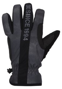 Svarta och grå handskar gjorda av texturerat tyg, med en åtsittande mudd, logotryck och förstärkt handflata för hållbarhet och grepp.