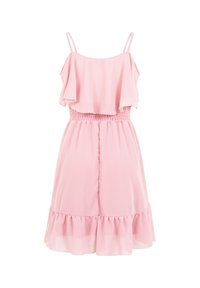 Robe sans manches rose clair avec fines bretelles, taille élastique, haut avec volants superposés et ourlet à volants.