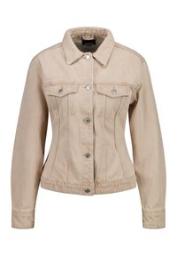 Ljusbeige denimjacka med figurnära design, två bröstfickor, knappstängning och spetsig krage. Har sömnadsdetaljer.