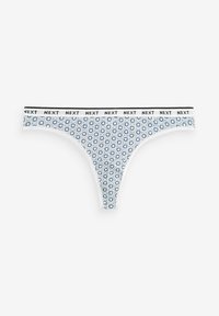 Chiloții tanga cu un model albastru, având un brâu elastic alb pe care se află textul "NEXT" scris cu negru. Designul include mici motive florale.