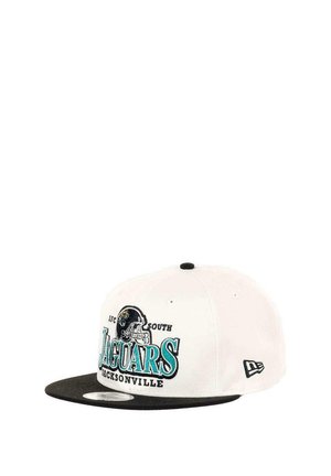 White baseball cap with a black brim, featuring "JAGUARS" in teal and black embroidery, and a Jaguars helmet logo on the front.
