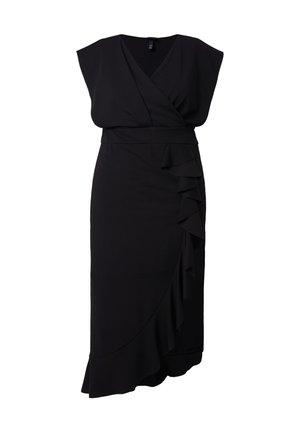 Vestido negro ajustado hecho de una tela suave. Presenta mangas estilo capri, un escote en V profundo y un detalle de volantes a lo largo del costado. Hasta la rodilla.