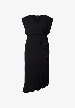 Czarna sukienka o kroju kopertowym uszyta z miękkiego materiału. Posiada krótkie rękawy, głęboki dekolt w kształcie litery V oraz falbany po boku. Długość do kolan.