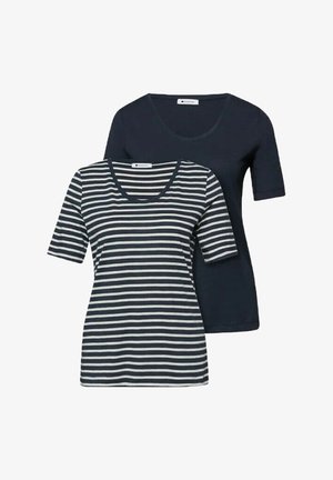 Deux t-shirts à manches courtes col rond pour femmes, un uni bleu marine foncé et un bleu marine avec des rayures blanches horizontales.