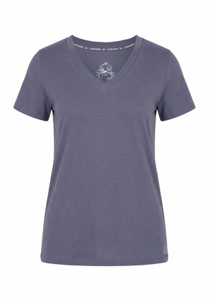 Damska koszulka z krótkim rękawem i dekoltem w serek w kolorze antracytowym, z małym haftowanym logo blisko dolnego brzegu oraz grafiką na wewnętrznym kołnierzyku.