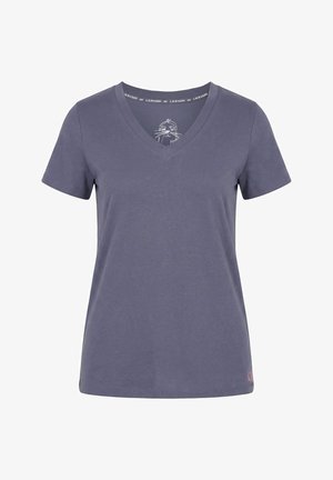 Damska koszulka z krótkim rękawem i dekoltem w serek w kolorze antracytowym, z małym haftowanym logo blisko dolnego brzegu oraz grafiką na wewnętrznym kołnierzyku.