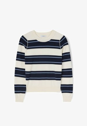 Beiger und marineblauer Langarmpullover mit breiten horizontalen Streifen und dünneren hellblauen Linien quer über Brust und Ärmel.