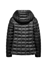 Giacca a vento nera con cappuccio, caratterizzata da un design trapuntato e cuciture elastiche. Tessuto liscio e brillante con una silhouette aderente.