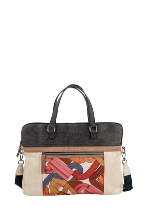 Bolso para portátil en negro y beige con un diseño abstracto colorido, que cuenta con dos asas, una correa desmontable y varios compartimentos con cremallera.