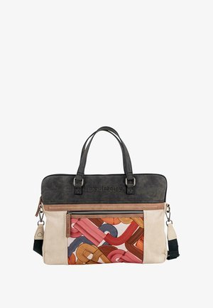 Bolso para portátil en negro y beige con un diseño abstracto colorido, que cuenta con dos asas, una correa desmontable y varios compartimentos con cremallera.