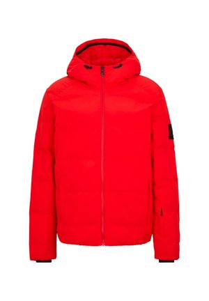 Red puffy jacket with a zip front, a large hood, and elastic cuffs. Features a black logo patch on the left sleeve. Smooth texture.