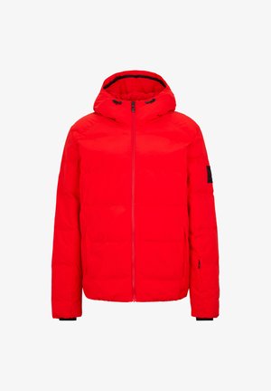 Red puffy jacket with a zip front, a large hood, and elastic cuffs. Features a black logo patch on the left sleeve. Smooth texture.